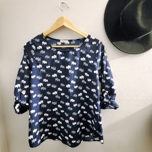Elephant Print Navy 3/4 Sleeve Blouse